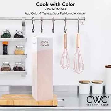 COOK WITH COLOR Silicone Whisks for Cooking, Stainless Steel Wire Whisk Set of Two - 10” and 12”, Heat Resistant Kitchen Whisks, Balloon Whisk for Nonstick Cookware - Rose Gold and Pink
