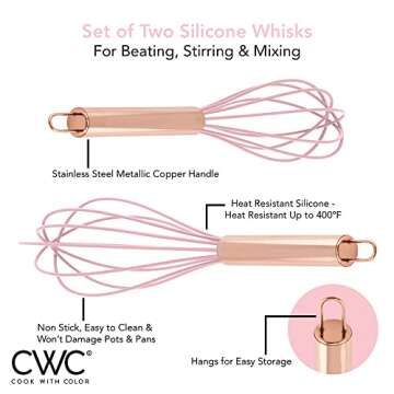 COOK WITH COLOR Silicone Whisks for Cooking, Stainless Steel Wire Whisk Set of Two - 10” and 12”, Heat Resistant Kitchen Whisks, Balloon Whisk for Nonstick Cookware - Rose Gold and Pink
