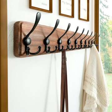 Dseap Coat Rack Wall Mounted - 10 Tri Hooks, 38-1/4" Long, Heavy Duty Wooden Wall Coat Hanger Coat H...