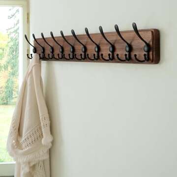 Dseap Coat Rack Wall Mounted - 10 Tri Hooks, 38-1/4" Long, Heavy Duty Wooden Wall Coat Hanger Coat Hook for Clothes Hat Jacket Clothing, Natural & Black