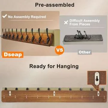 Dseap Coat Rack Wall Mounted - 10 Tri Hooks, 38-1/4" Long, Heavy Duty Wooden Wall Coat Hanger Coat Hook for Clothes Hat Jacket Clothing, Natural & Black