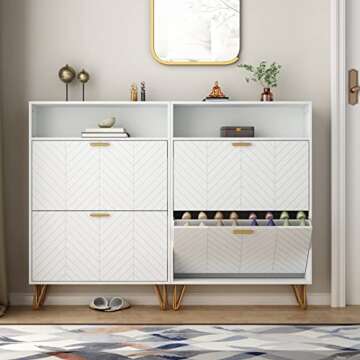 Auromie Shoe Cabinet, Freestanding Tipping Bucket Shoe Storage Cabinet with 2 Flip Drawers, Modern Entryway Shoe Rack with Storage Top Cubby, Narrow Slim Hidden Shoe Organizer with Doors (White)