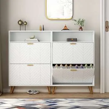 Auromie Shoe Cabinet, Freestanding Tipping Bucket Shoe Storage Cabinet with 2 Flip Drawers, Modern Entryway Shoe Rack with Storage Top Cubby, Narrow Slim Hidden Shoe Organizer with Doors (White)