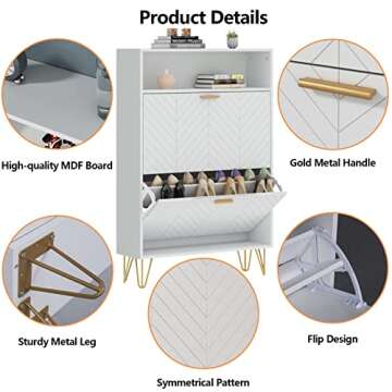 Auromie Shoe Cabinet, Freestanding Tipping Bucket Shoe Storage Cabinet with 2 Flip Drawers, Modern Entryway Shoe Rack with Storage Top Cubby, Narrow Slim Hidden Shoe Organizer with Doors (White)