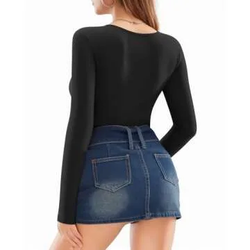 MANGOPOP Bodysuits for Women Deep V Neck Twist Knot Fitted Long Sleeve Bodysuit Basic Tops Casual T Shirts