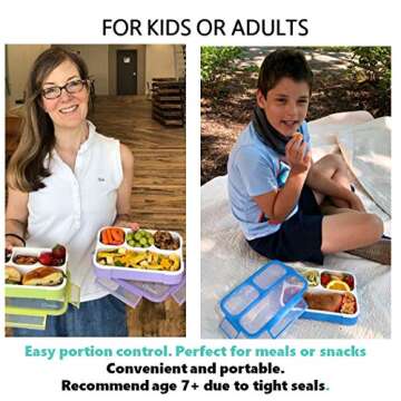 Bento Lunch Box Kids & Adult: Leakproof Lunch Containers for Boys & Girls with 3 Compartments - School, Daycare, Meal Planning Portion Control Container, BPA-Free Boxes, Utensils | Blue Purple 2 pack