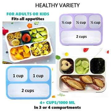 Bento Lunch Box Kids & Adult: Leakproof Lunch Containers for Boys & Girls with 3 Compartments - School, Daycare, Meal Planning Portion Control Container, BPA-Free Boxes, Utensils | Blue Purple 2 pack