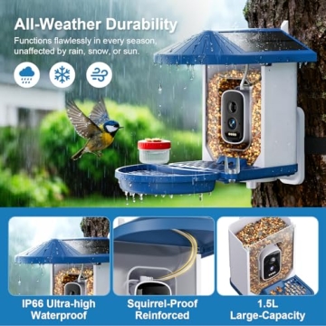 Smart Bird Feeder with Camera Solar Powered,4K HD AI Identify Bird Species, Real-Time Alert and Weat...