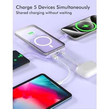 podoru for Magsafe Battery Pack, 10000mAh Magnetic Power Bank Built-in USB-C Lighting Cables 22.5W PD Fast Charging LED Display Wireless Portable Charger for iPhone 16/15/14/13/12/Pro/Pro Max-Purple