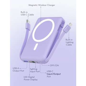podoru for Magsafe Battery Pack, 10000mAh Magnetic Power Bank Built-in USB-C Lighting Cables 22.5W PD Fast Charging LED Display Wireless Portable Charger for iPhone 16/15/14/13/12/Pro/Pro Max-Purple
