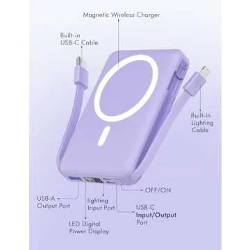 podoru for Magsafe Battery Pack, 10000mAh Magnetic Power Bank Built-in USB-C Lighting Cables 22.5W PD Fast Charging LED Display Wireless Portable Charger for iPhone 16/15/14/13/12/Pro/Pro Max-Purple
