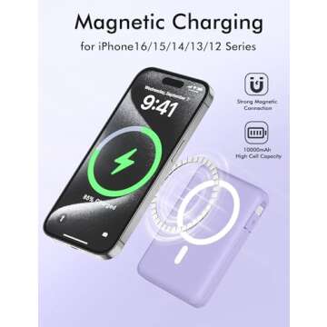 podoru for Magsafe Battery Pack, 10000mAh Magnetic Power Bank Built-in USB-C Lighting Cables 22.5W PD Fast Charging LED Display Wireless Portable Charger for iPhone 16/15/14/13/12/Pro/Pro Max-Purple