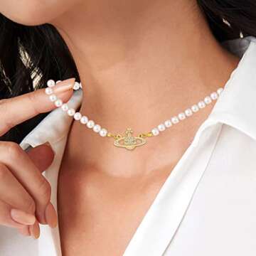 GABWE Gold Saturn Pearl Necklace White Choker for Women Crystal Rhinestone Planet Gifts Mum Wife Gir...