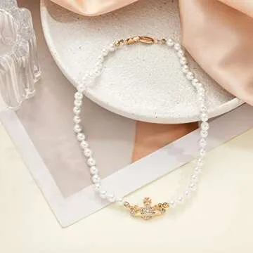 GABWE Gold Saturn Pearl Necklace White Choker for Women Crystal Rhinestone Planet Gifts Mum Wife Girlfriend Wedding Birthday Anniversary