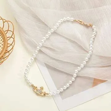 GABWE Gold Saturn Pearl Necklace White Choker for Women Crystal Rhinestone Planet Gifts Mum Wife Girlfriend Wedding Birthday Anniversary