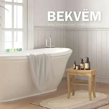 BEKVEM Bamboo Shower Bench, Spa Small Shower Stool for Inside Shower Waterproof, Bathroom Bench Seat with Storage Shelf for Adults Elderly Seniors, Wood Chair for Indoor or Outdoor Use, Natural