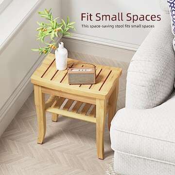 BEKVEM Bamboo Shower Bench, Spa Small Shower Stool for Inside Shower Waterproof, Bathroom Bench Seat with Storage Shelf for Adults Elderly Seniors, Wood Chair for Indoor or Outdoor Use, Natural