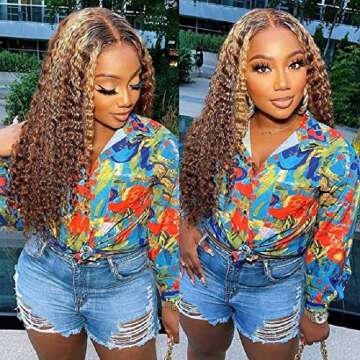 BLY Water Wave Lace Front Wigs Human Hair Ombre Brown Mix Highlight Honey Blonde Colored 4/27 Wig 4x4 HD Transparent Lace Front 200% Density Full&Thick Hair 24 Inch