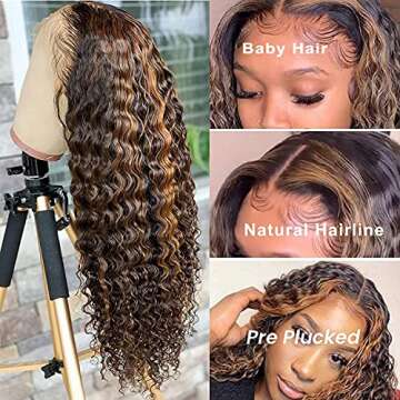 BLY Water Wave Lace Front Wigs Human Hair Ombre Brown Mix Highlight Honey Blonde Colored 4/27 Wig 4x4 HD Transparent Lace Front 200% Density Full&Thick Hair 24 Inch