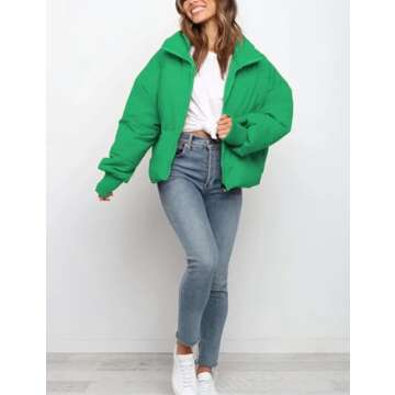 UANEO Puffer Jacket Womens Oversized Cropped Puffy Quilted Winter Jackets Coat (Emerald-M)