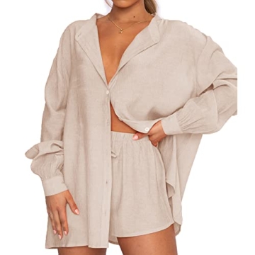 SOLILOQUY Womens Two Piece Short Sets Outfit Short Sleeve Button Down Loose Shirt Short Pants Set Checkered Plaid Knit Outfit