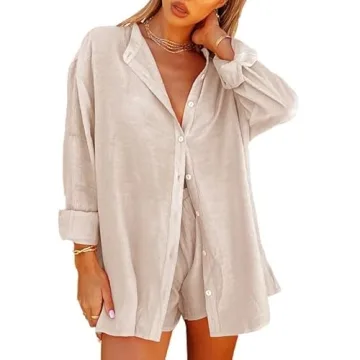 SOLILOQUY Womens Two Piece Short Sets Outfit Short Sleeve Button Down Loose Shirt Short Pants Set Checkered Plaid Knit Outfit