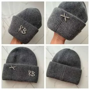 Real Rabbit Fur Diamonds Letter Beanies Hats for Women Winter Warm Knitted Hat Casual Bonnet Skiing Cap (US, Alpha, Medium, Black)