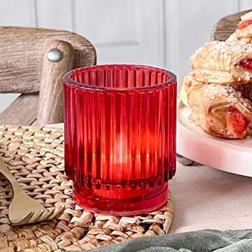 Kate Aspen Vintage Ribbed Red Glass Tealight & Votive Candle Holders (Set of 6), Fall Decor, Boho Decor, Shelf Decoration (27206RD)