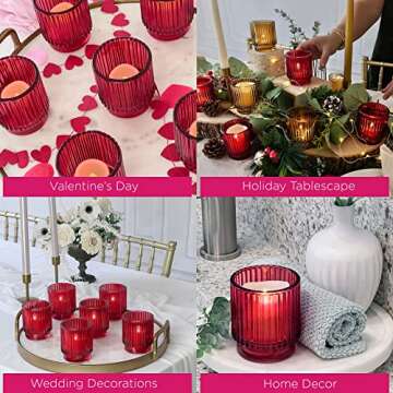 Kate Aspen Vintage Ribbed Red Glass Tealight & Votive Candle Holders (Set of 6), Fall Decor, Boho Decor, Shelf Decoration (27206RD)