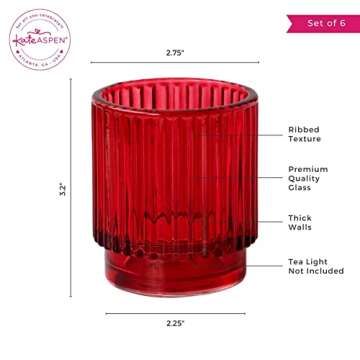 Kate Aspen Vintage Ribbed Red Glass Tealight & Votive Candle Holders (Set of 6), Fall Decor, Boho Decor, Shelf Decoration (27206RD)