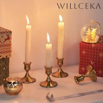 Willceka Gold Taper Candle Holder, Brass Candlestick Holders, Vintage Metal for Table Centerpieces Wedding Christmas Decor (Gold, 6 Pcs)
