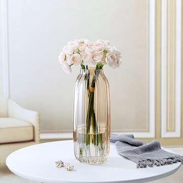 Large Amber Glass Vase for Flowers Brown Tall Glass Vases,H-12.6" Simple Striped Design for Home Flo...