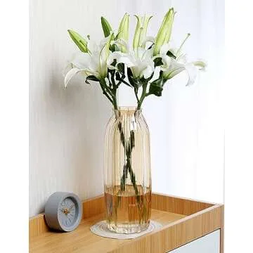 Large Amber Glass Vase for Flowers Brown Tall Glass Vases,H-12.6" Simple Striped Design for Home Floor Decor,Farmhouse Decor, Centerpiece Coffee Table Decorations