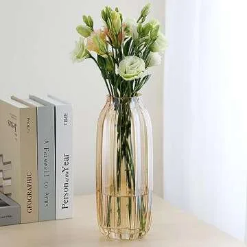 Large Amber Glass Vase for Flowers Brown Tall Glass Vases,H-12.6" Simple Striped Design for Home Floor Decor,Farmhouse Decor, Centerpiece Coffee Table Decorations