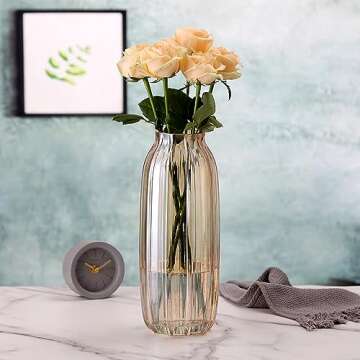 Large Amber Glass Vase for Flowers Brown Tall Glass Vases,H-12.6" Simple Striped Design for Home Floor Decor,Farmhouse Decor, Centerpiece Coffee Table Decorations