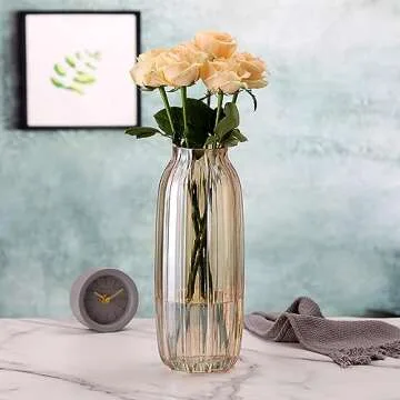 Large Amber Glass Vase for Flowers Brown Tall Glass Vases,H-12.6" Simple Striped Design for Home Floor Decor,Farmhouse Decor, Centerpiece Coffee Table Decorations