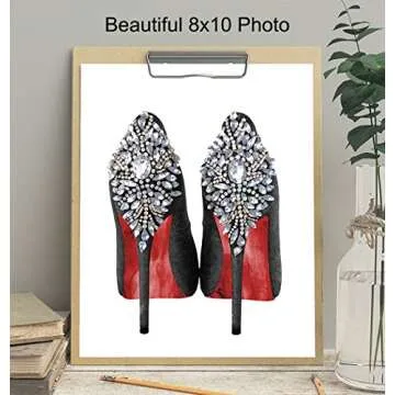 Fashion Design Wall Art - Glam Home Decor - Designer Shoes Wall Decor Poster - Glamour Art for Girls Room Teens Bedroom Office Living room - Luxury Gifts for Women - Bling Fashionista decoration