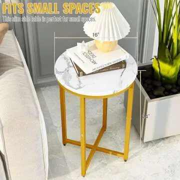 DKLGG Modern Gold Side Table Set of 2, Small Coffee Table Round End Table with Gold Frame, Marble Side Table Bedside Table for Living Room, Bedroom, Small Space, 16" D*24" H
