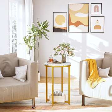 DKLGG Modern Gold Side Table Set of 2, Small Coffee Table Round End Table with Gold Frame, Marble Side Table Bedside Table for Living Room, Bedroom, Small Space, 16" D*24" H