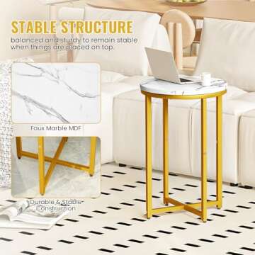 DKLGG Modern Gold Side Table Set of 2, Small Coffee Table Round End Table with Gold Frame, Marble Side Table Bedside Table for Living Room, Bedroom, Small Space, 16" D*24" H
