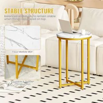 DKLGG Modern Gold Side Table Set of 2, Small Coffee Table Round End Table with Gold Frame, Marble Side Table Bedside Table for Living Room, Bedroom, Small Space, 16" D*24" H