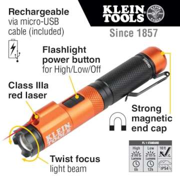 Klein Tools 56040 Magnetic LED Flashlight, 350 Lumen Rechargeable Flashlight, Twist Focus, Laser Poi...