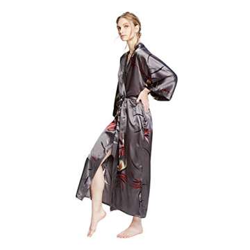OLDSHANGHAI Women's Satin Kimono Robe Long - Floral - Hana - Gunmetal (Grey), Satin Kimono Robes for Women with Floral Designs, 52 inches in Length, One Size Fits Most.