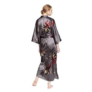 OLDSHANGHAI Women's Satin Kimono Robe Long - Floral - Hana - Gunmetal (Grey), Satin Kimono Robes for Women with Floral Designs, 52 inches in Length, One Size Fits Most.