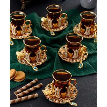 DEMMEX (Set of 6) Turkish Tea and Coffee Glasses Cups Set with Saucers Holders Spoons, Decorated with Swarovski Type Crystals and Pearl,24 Pcs, 3.3 Ounces Capacity (Gold)