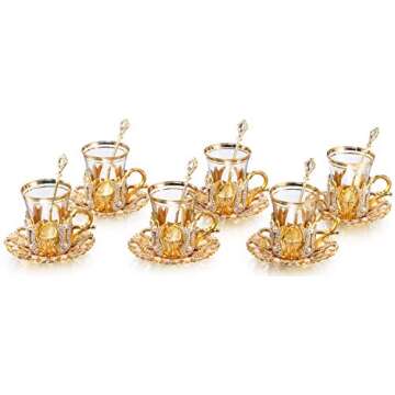 DEMMEX (Set of 6) Turkish Tea and Coffee Glasses Cups Set with Saucers Holders Spoons, Decorated with Swarovski Type Crystals and Pearl,24 Pcs, 3.3 Ounces Capacity (Gold)