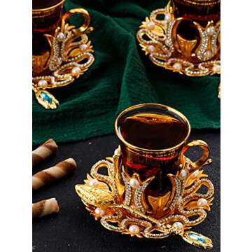 DEMMEX (Set of 6) Turkish Tea and Coffee Glasses Cups Set with Saucers Holders Spoons, Decorated with Swarovski Type Crystals and Pearl,24 Pcs, 3.3 Ounces Capacity (Gold)