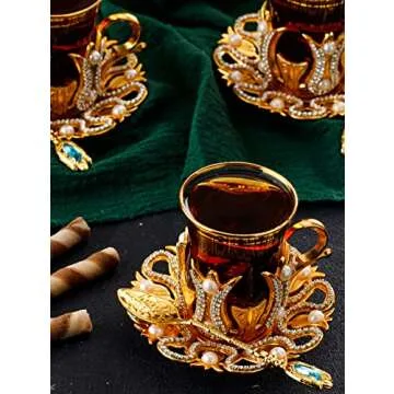 DEMMEX (Set of 6) Turkish Tea and Coffee Glasses Cups Set with Saucers Holders Spoons, Decorated with Swarovski Type Crystals and Pearl,24 Pcs, 3.3 Ounces Capacity (Gold)