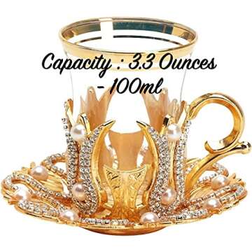 DEMMEX (Set of 6) Turkish Tea and Coffee Glasses Cups Set with Saucers Holders Spoons, Decorated with Swarovski Type Crystals and Pearl,24 Pcs, 3.3 Ounces Capacity (Gold)