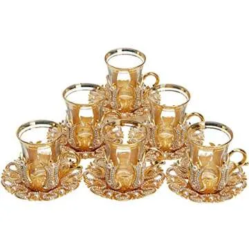 DEMMEX (Set of 6) Turkish Tea and Coffee Glasses Cups Set with Saucers Holders Spoons, Decorated with Swarovski Type Crystals and Pearl,24 Pcs, 3.3 Ounces Capacity (Gold)